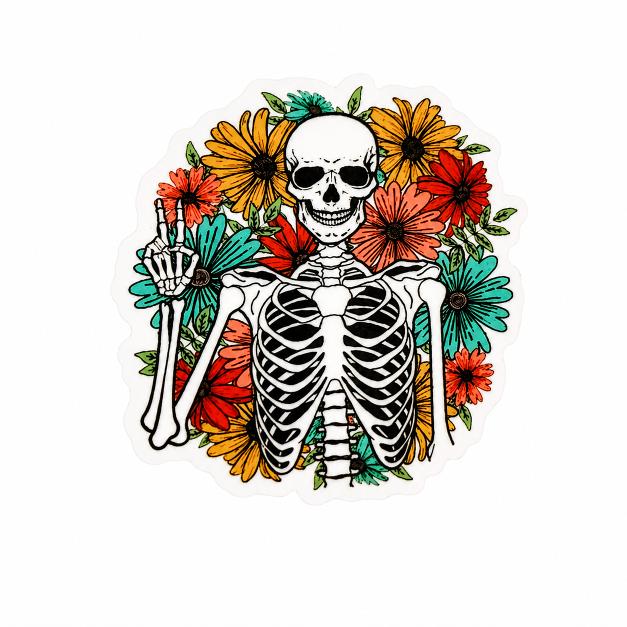 Floral skeleton plastic add-on with colorful flowers and skeleton hand design, compatible with interchangeable badge reel bases.