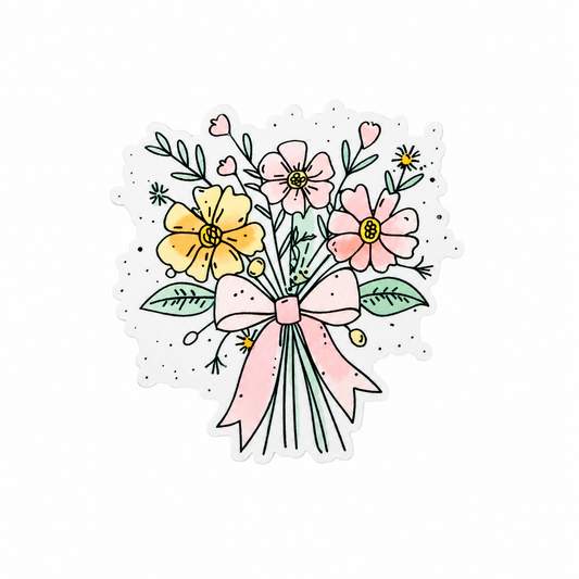 Pastel wildflower bouquet plastic add-on featuring pink and yellow flowers tied with a ribbon, compatible with interchangeable badge reel bases, floral accessory