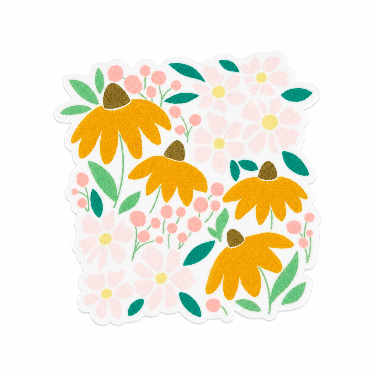 Floral plastic add-on featuring yellow wildflowers, pink flowers, and leafy greenery, compatible with interchangeable badge reel bases and perfect for cottagecore and flower lovers