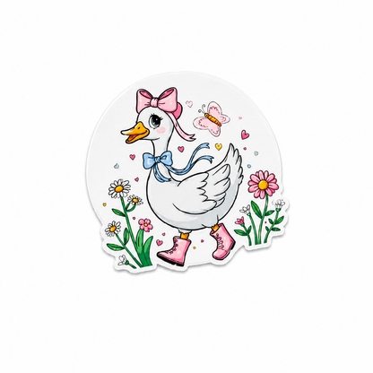 Cute spring goose plastic add-on with flowers, butterflies, and whimsical garden details, designed for compatible interchangeable badge reel bases