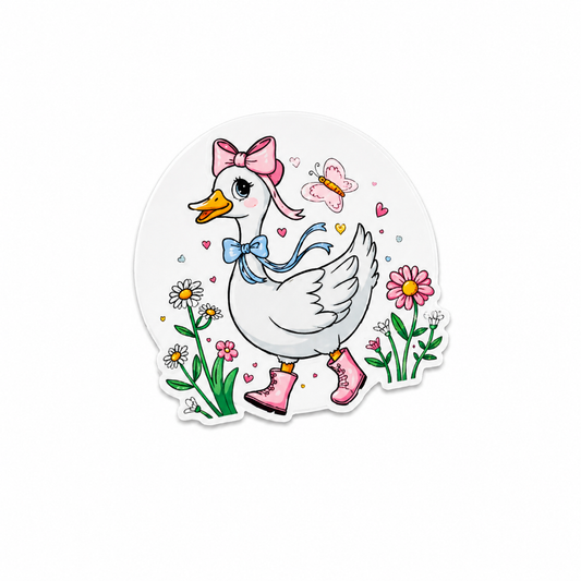 Cute spring goose plastic add-on with flowers, butterflies, and whimsical garden details, designed for compatible interchangeable badge reel bases