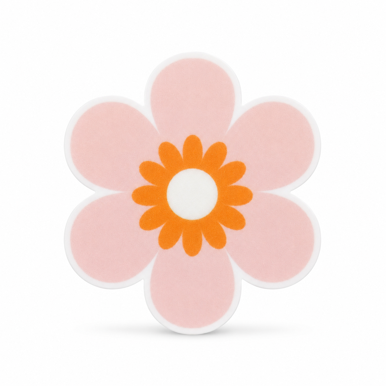 Pink flower plastic add-on with soft pink petals, an orange inner flower, and a white center, compatible with interchangeable badge reel bases.
