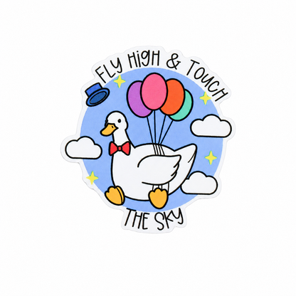 Fly High & Touch The Sky plastic add-on featuring a cute goose with colorful balloons, halo, clouds, and uplifting text, compatible with interchangeable badge reel bases.