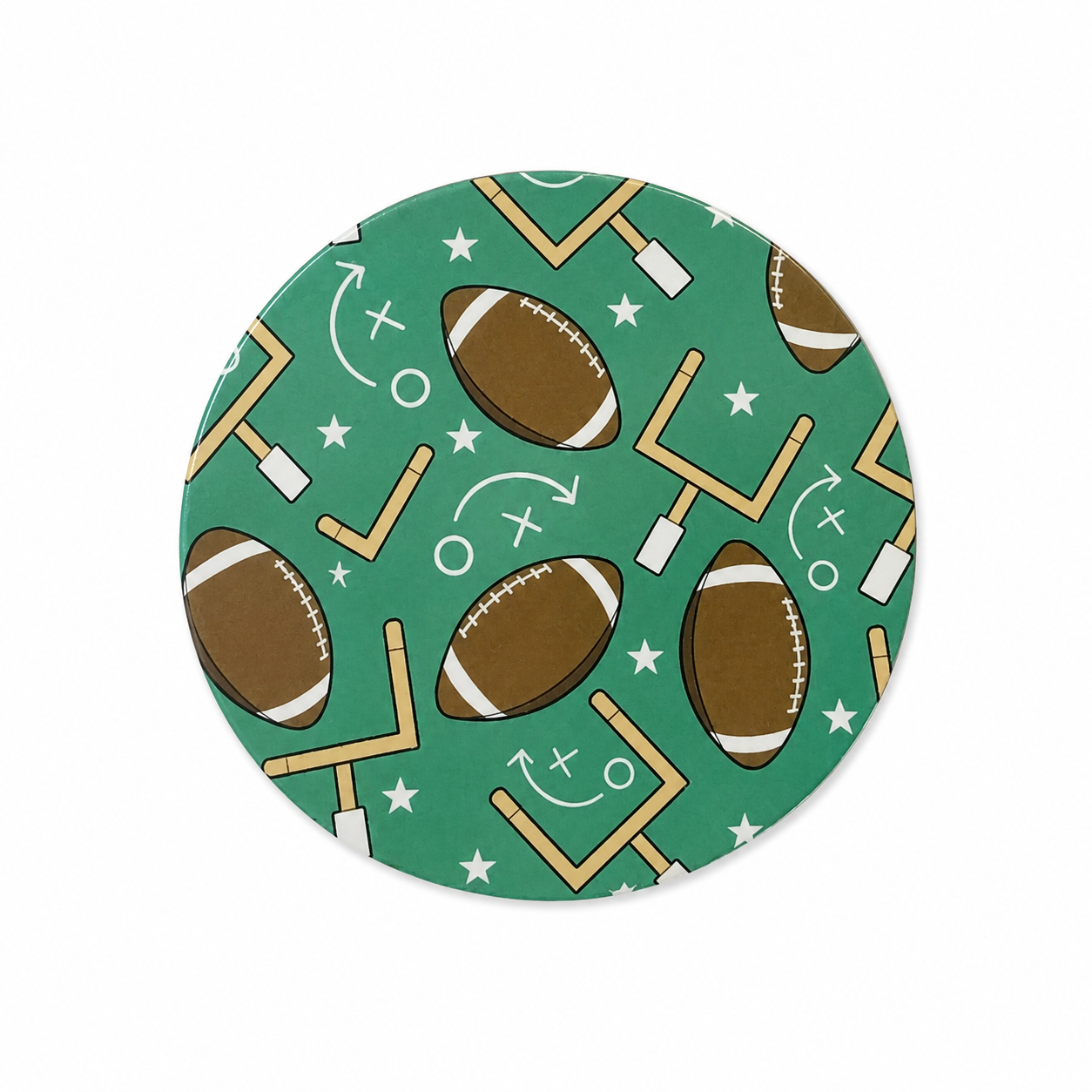 Football Goals hard board add-on featuring brown footballs, goalposts, stars, arrows, and playbook symbols on teal, compatible with interchangeable badge reel bases.