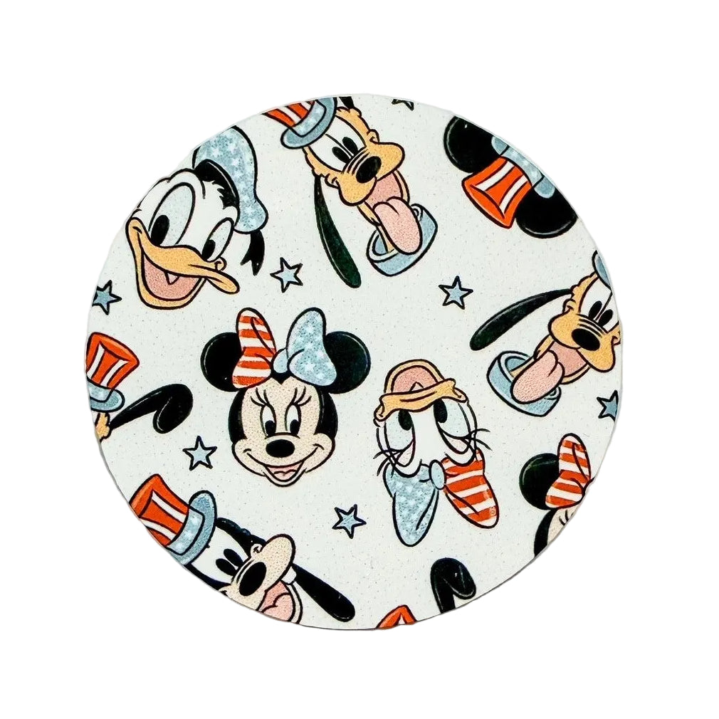 Patriotic Disney Friends hard board add-on featuring Mickey Mouse, Minnie Mouse, Donald Duck, Goofy, and Pluto with Fourth of July accessories, compatible with interchangeable badge reel bases.
