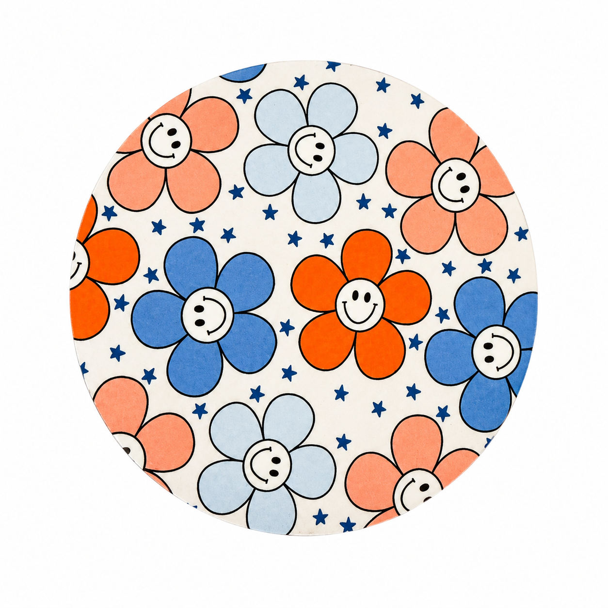 Fourth of July Smiley Flowers hard board add-on featuring smiling daisy flowers in red, white, blue, and pink with tiny blue stars, compatible with interchangeable badge reel bases.