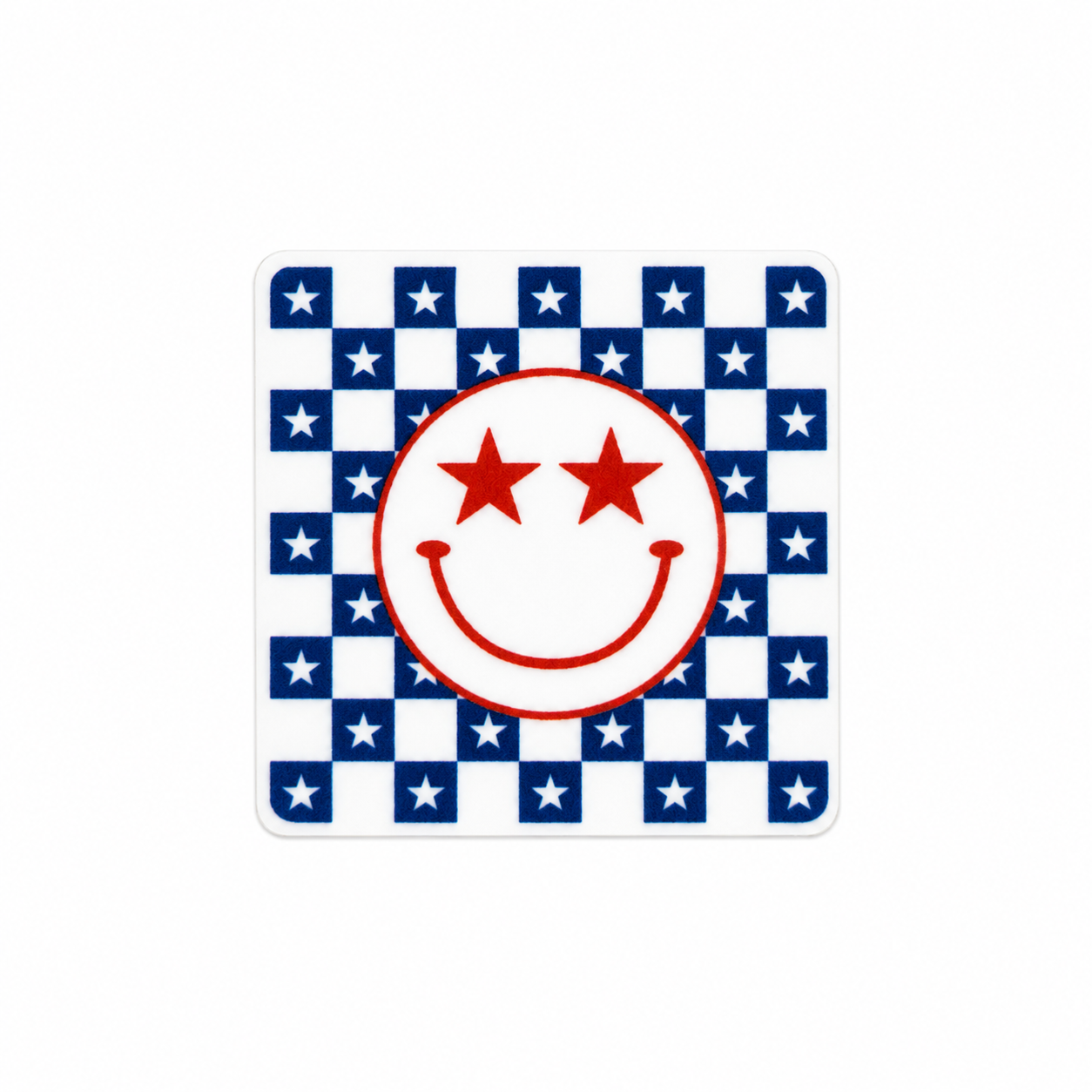 Fourth Of July Smiley Face plastic add-on featuring a red star-eyed smiley face on a patriotic blue and white checkerboard background, compatible with interchangeable badge reel bases