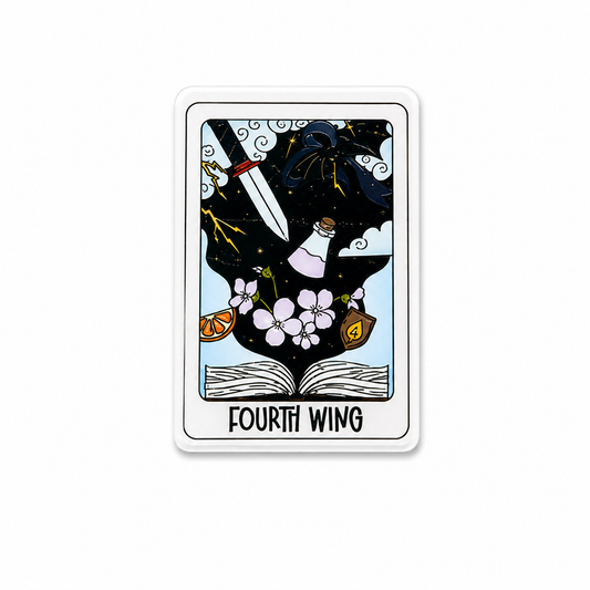 Fourth Wing inspired tarot card style plastic add-on featuring a dragon, dagger, potion bottle, flowers, and open book, compatible with interchangeable badge reel bases