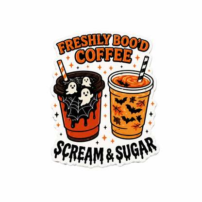 Freshly Boo’d Coffee Scream and Sugar plastic add-on with spooky iced coffee design compatible with interchangeable badge reel bases