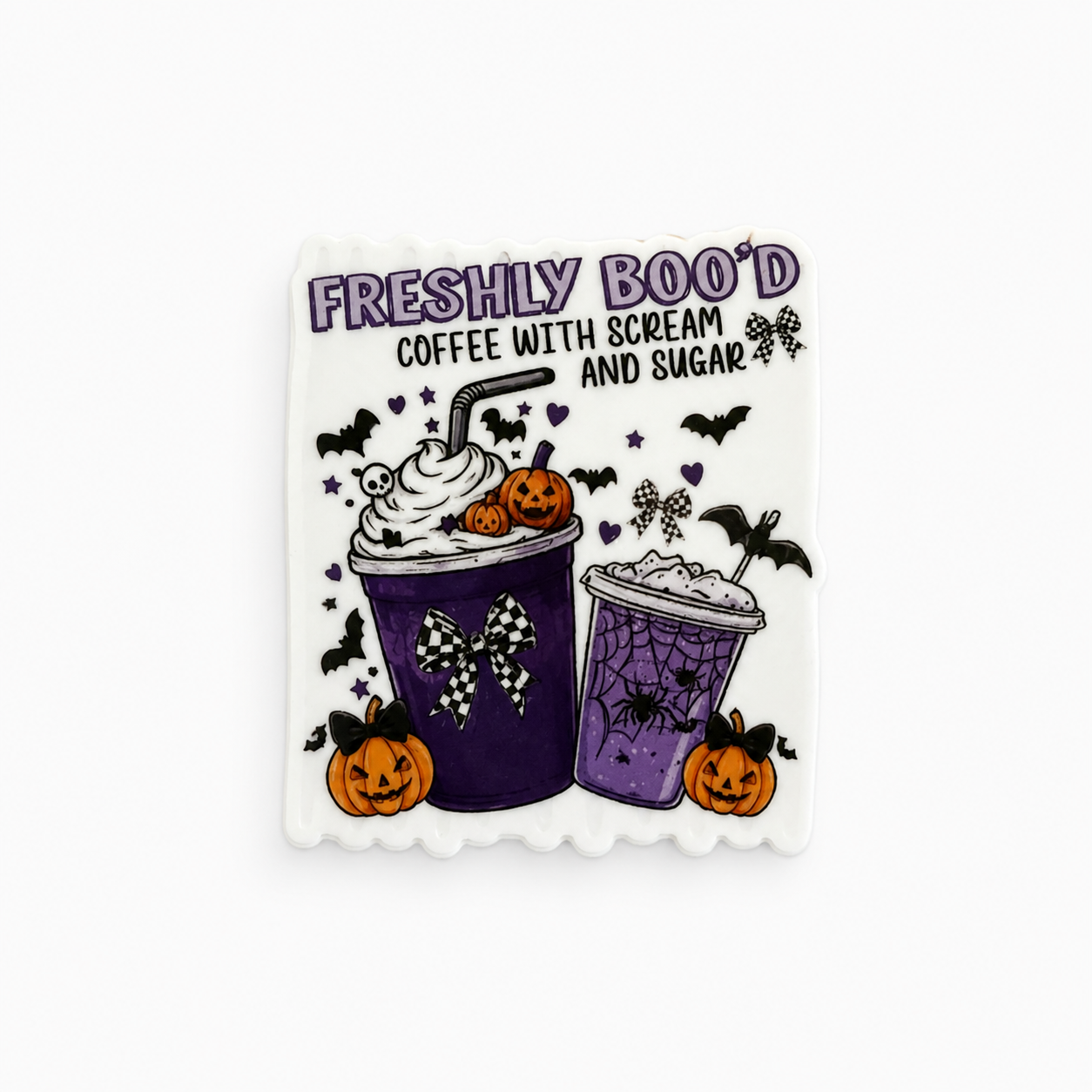Freshly Boo’d coffee themed plastic add-on with spooky Halloween cups and pumpkins for compatible interchangeable badge reel bases