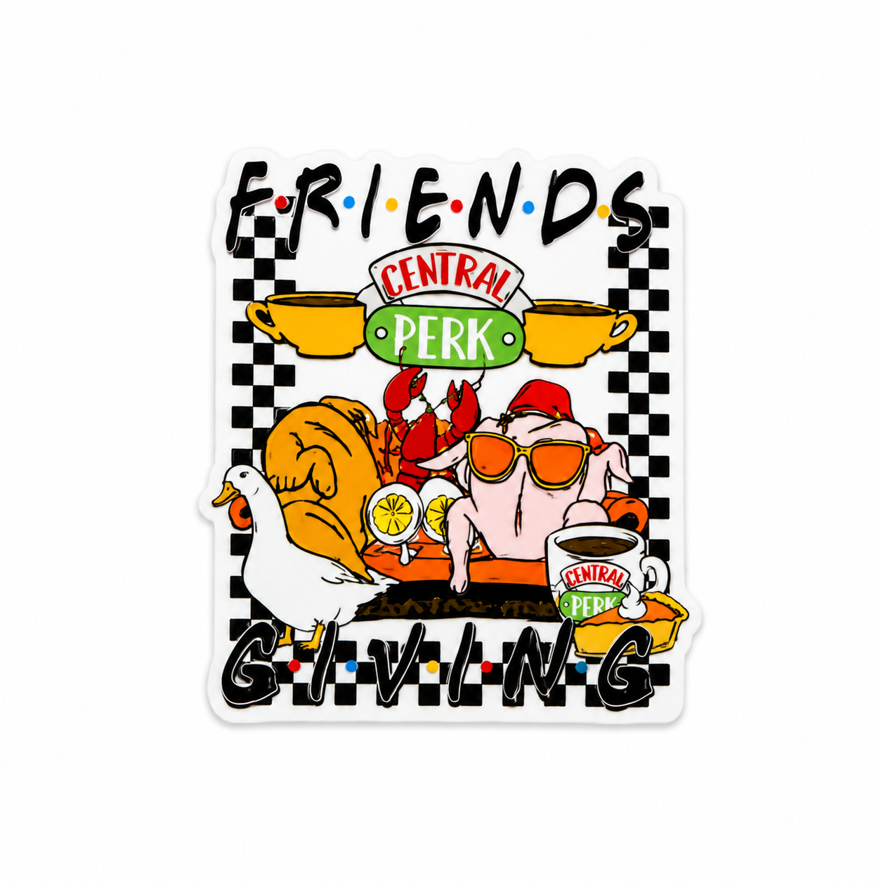 Friendsgiving themed plastic add-on with coffee shop inspired design compatible with interchangeable badge reel bases for nurses and healthcare workers.