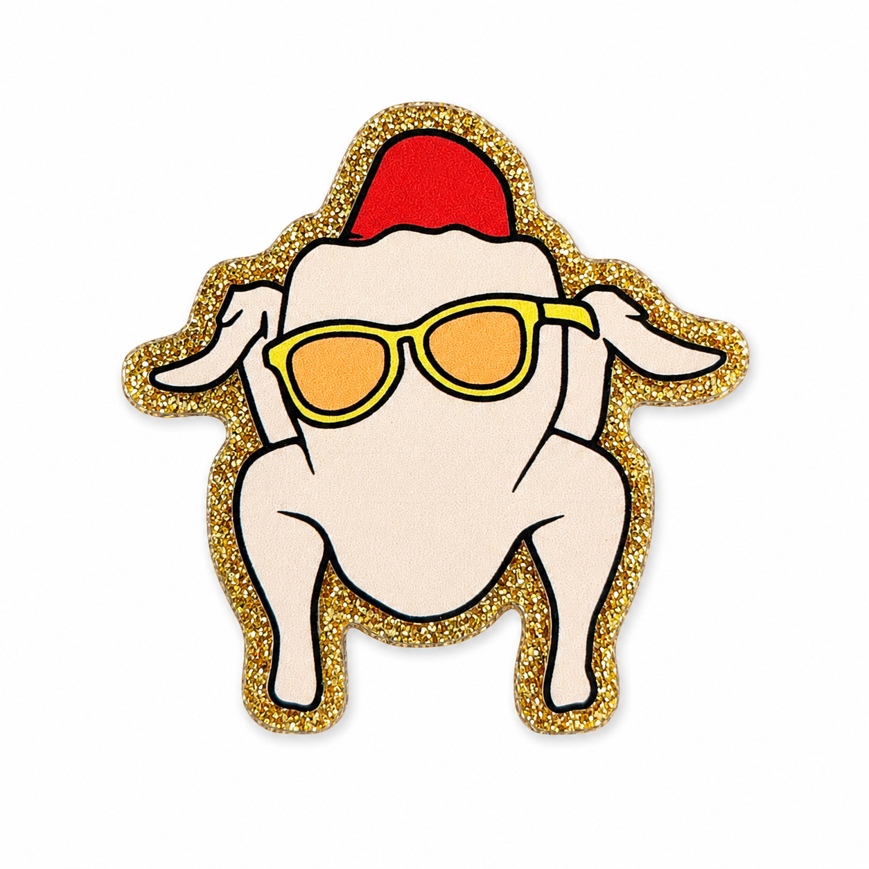 Friendsgiving turkey plastic add-on featuring a cute turkey wearing sunglasses and a festive holiday hat, compatible with interchangeable badge reel bases and perfect for Thanksgiving accessories.
