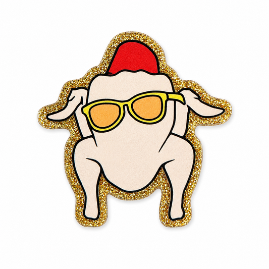 Friendsgiving turkey plastic add-on featuring a cute turkey wearing sunglasses and a festive holiday hat, compatible with interchangeable badge reel bases and perfect for Thanksgiving accessories.