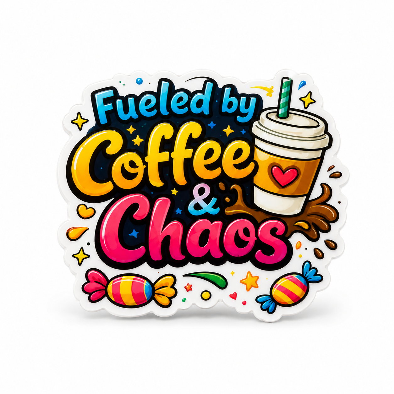 Fueled by Coffee & Chaos plastic add-on with a colorful coffee cup, candy, hearts, and stars, a coffee lover accessory compatible with interchangeable badge reel bases.