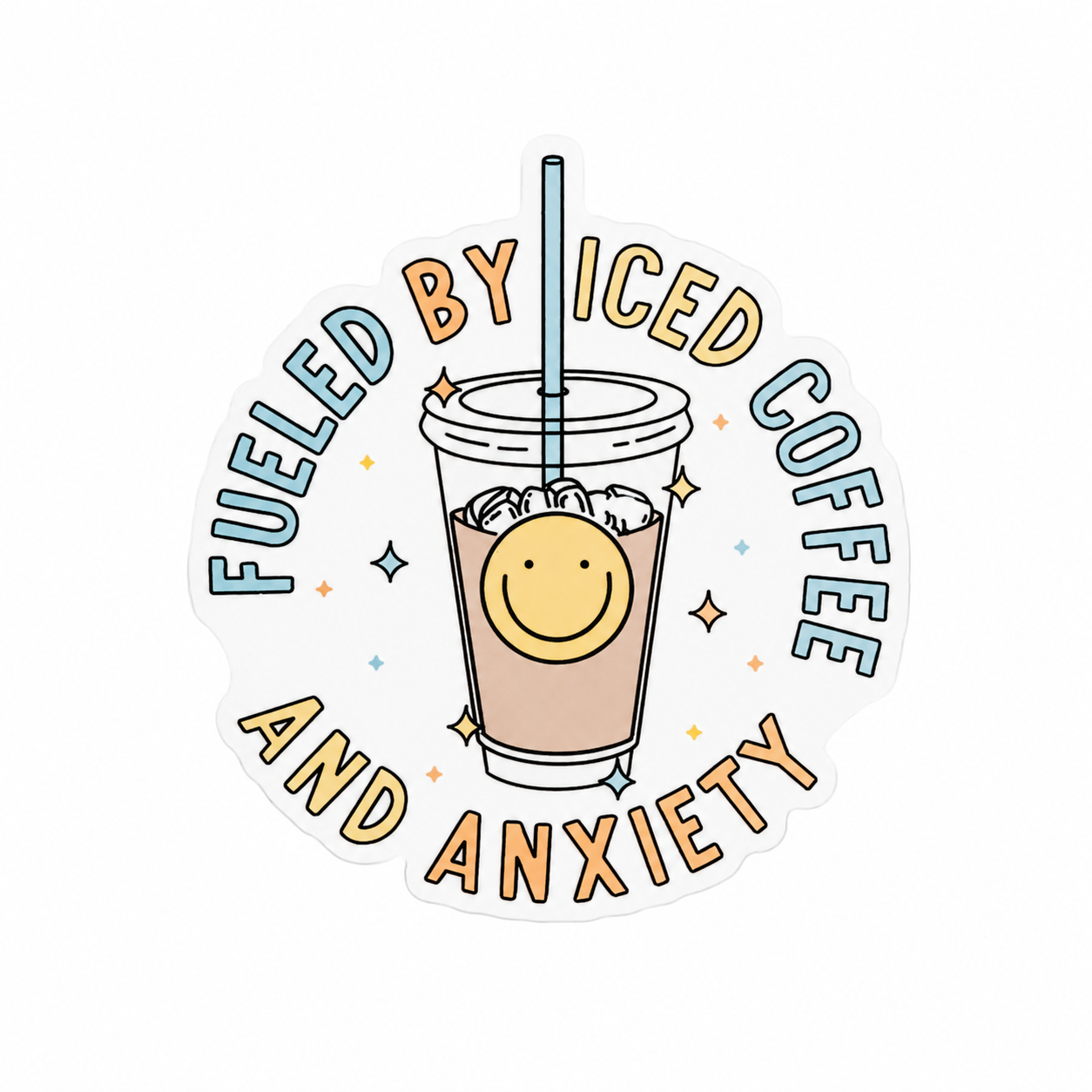 Fueled By Iced Coffee And Anxiety plastic add-on with cute iced coffee cup and smiley face design, compatible with interchangeable badge reel bases.