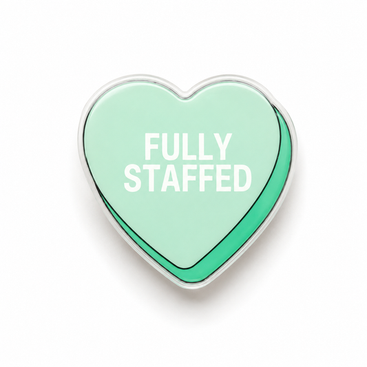 Fully Staffed candy heart plastic add-on for compatible interchangeable badge reel bases