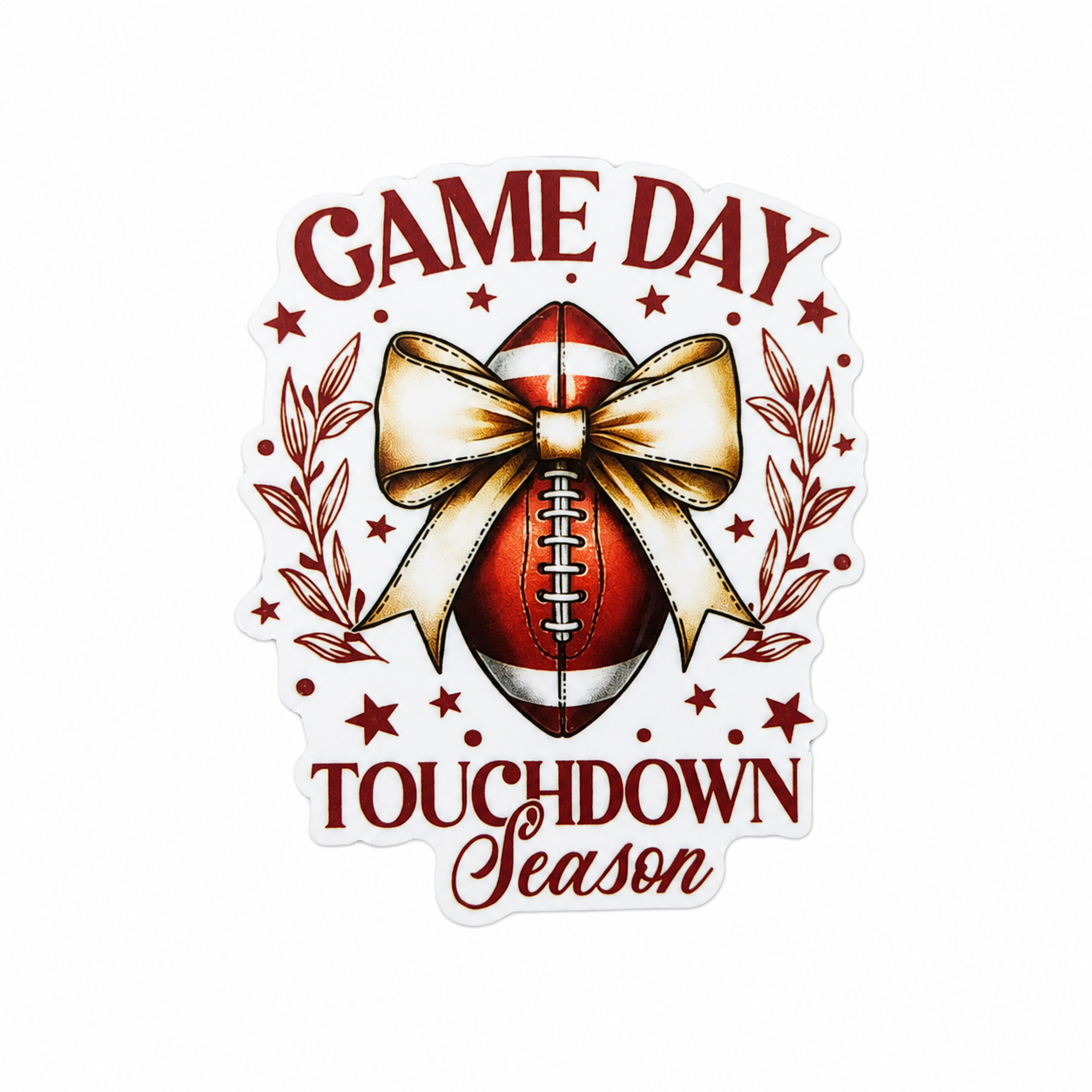 GAME DAY TOUCHDOWN Season plastic add-on featuring a football with a bow, stars, and decorative accents, compatible with interchangeable badge reel bases and perfect for football fans.