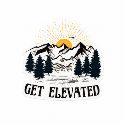 GET ELEVATED plastic add-on with mountain landscape, pine trees, and sunrise design, compatible with interchangeable badge reel bases for mountain nature lover accessory style.