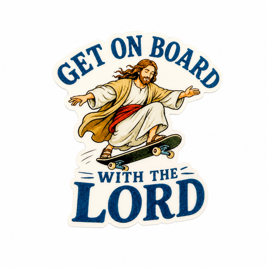 Get On Board With The Lord plastic add-on featuring Jesus riding a skateboard, compatible with interchangeable badge reel bases and perfect as a funny Christian gift.