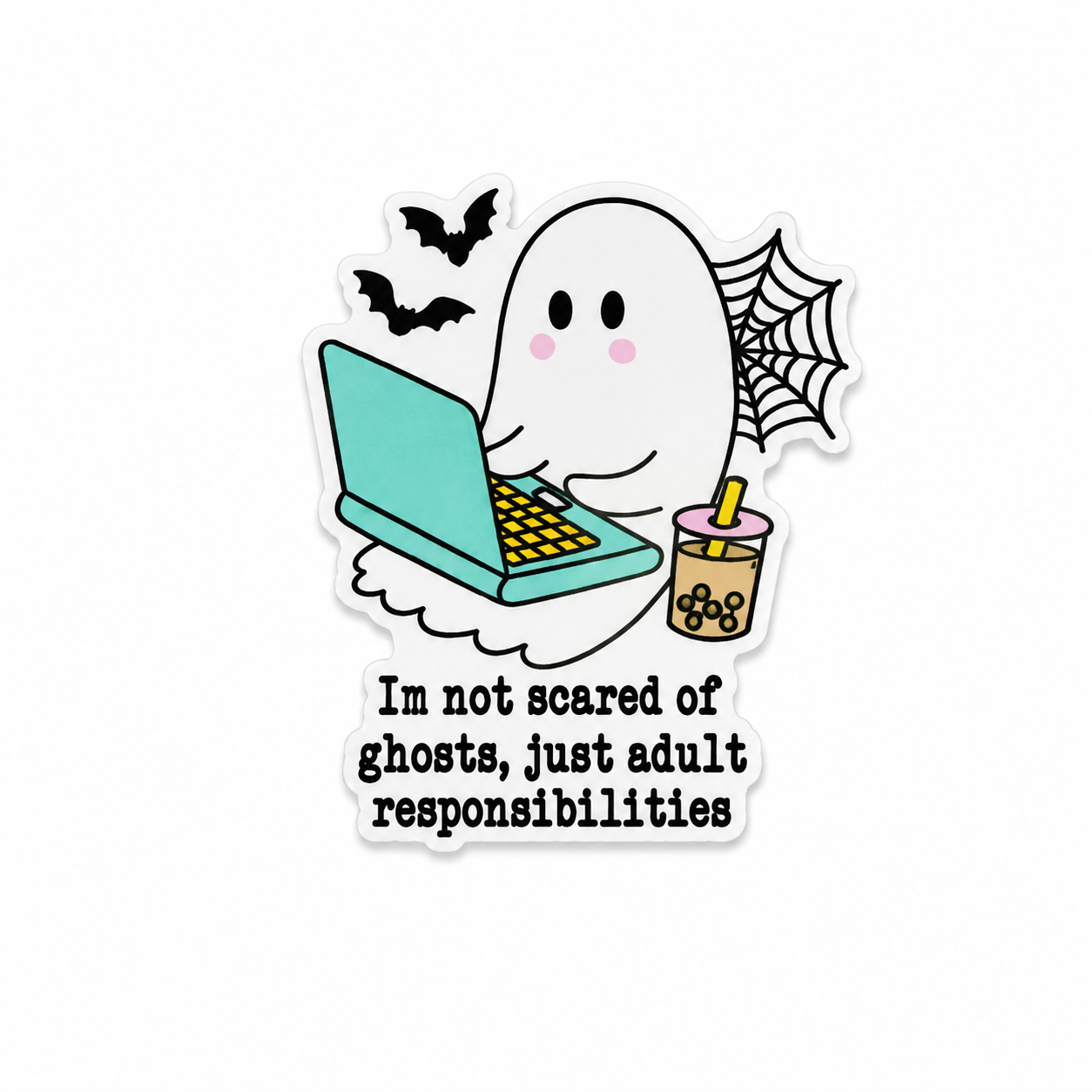 Cute ghost Halloween plastic add-on with laptop and funny adult responsibilities quote compatible with interchangeable badge reel bases