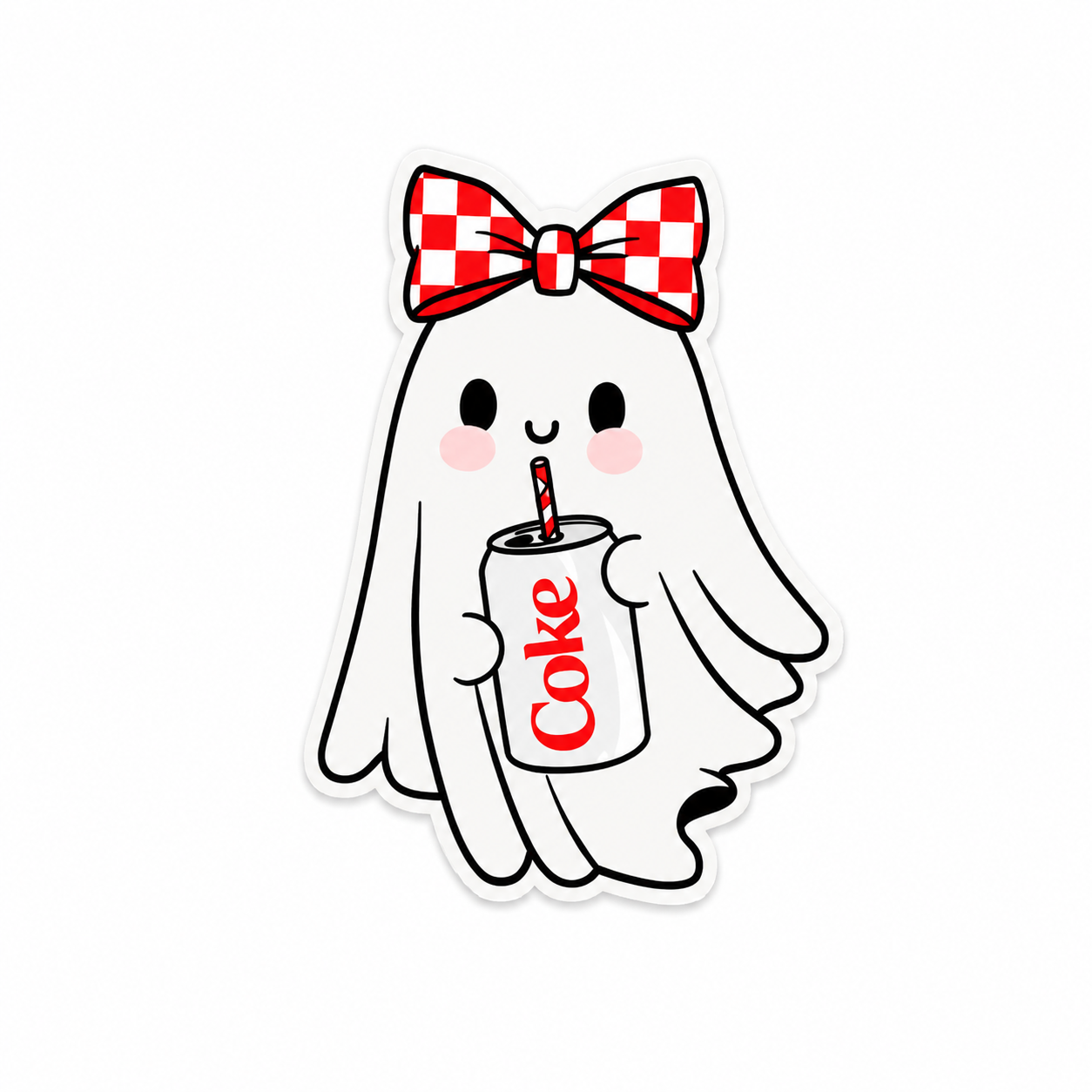 Cute ghost plastic add-on with red checkered bow and Coke drink design compatible with interchangeable badge reel bases