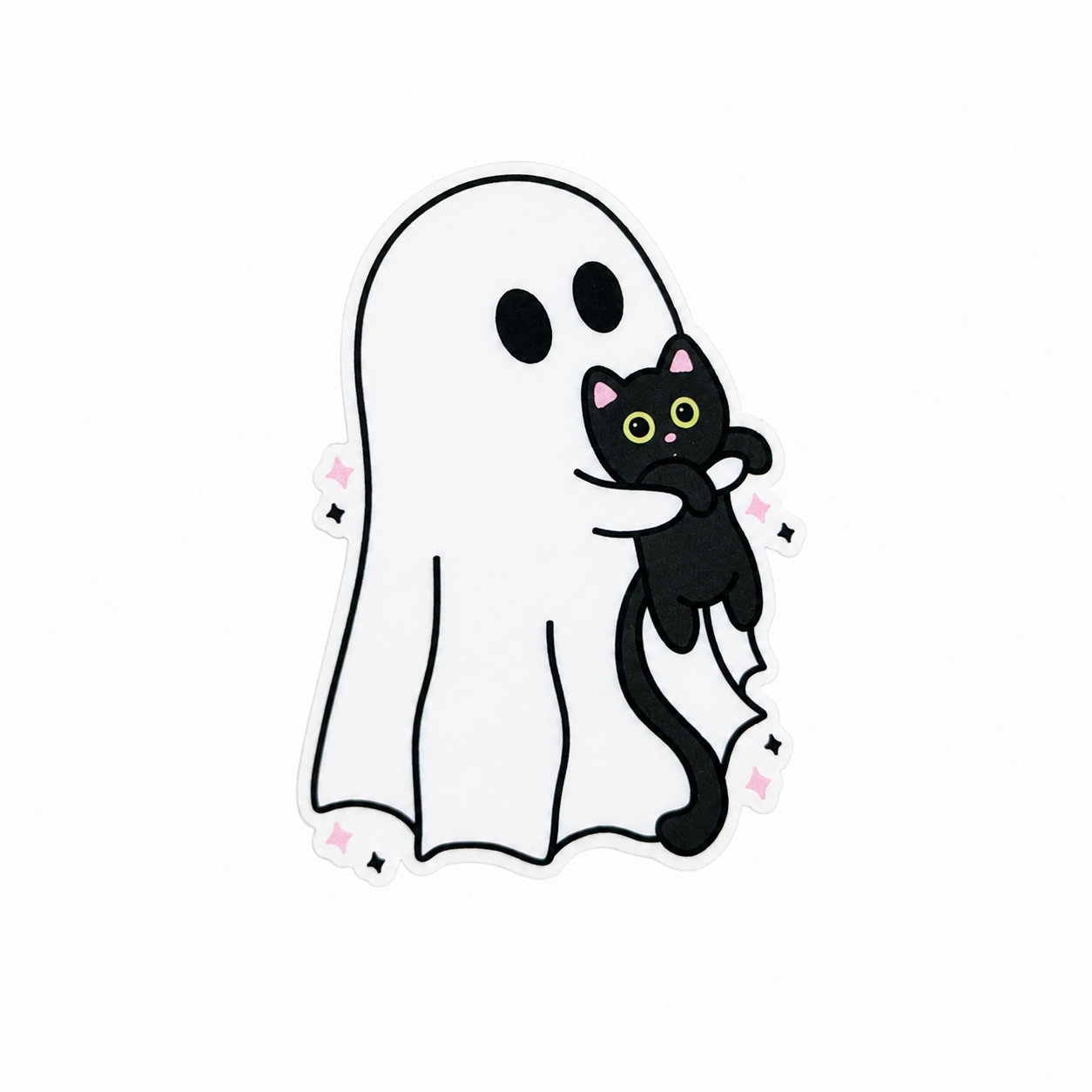 Ghost holding black cat plastic add-on featuring a cute white ghost and black cat with sparkles, compatible with interchangeable badge reel bases, spooky cute Halloween accessory