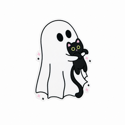 Ghost holding black cat plastic add-on featuring a cute white ghost and black cat with sparkles, compatible with interchangeable badge reel bases, spooky cute Halloween accessory