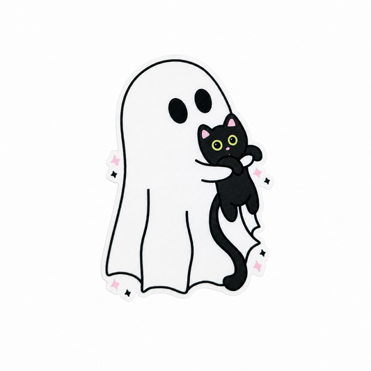 Ghost holding black cat plastic add-on featuring a cute white ghost and black cat with sparkles, compatible with interchangeable badge reel bases, spooky cute Halloween accessory