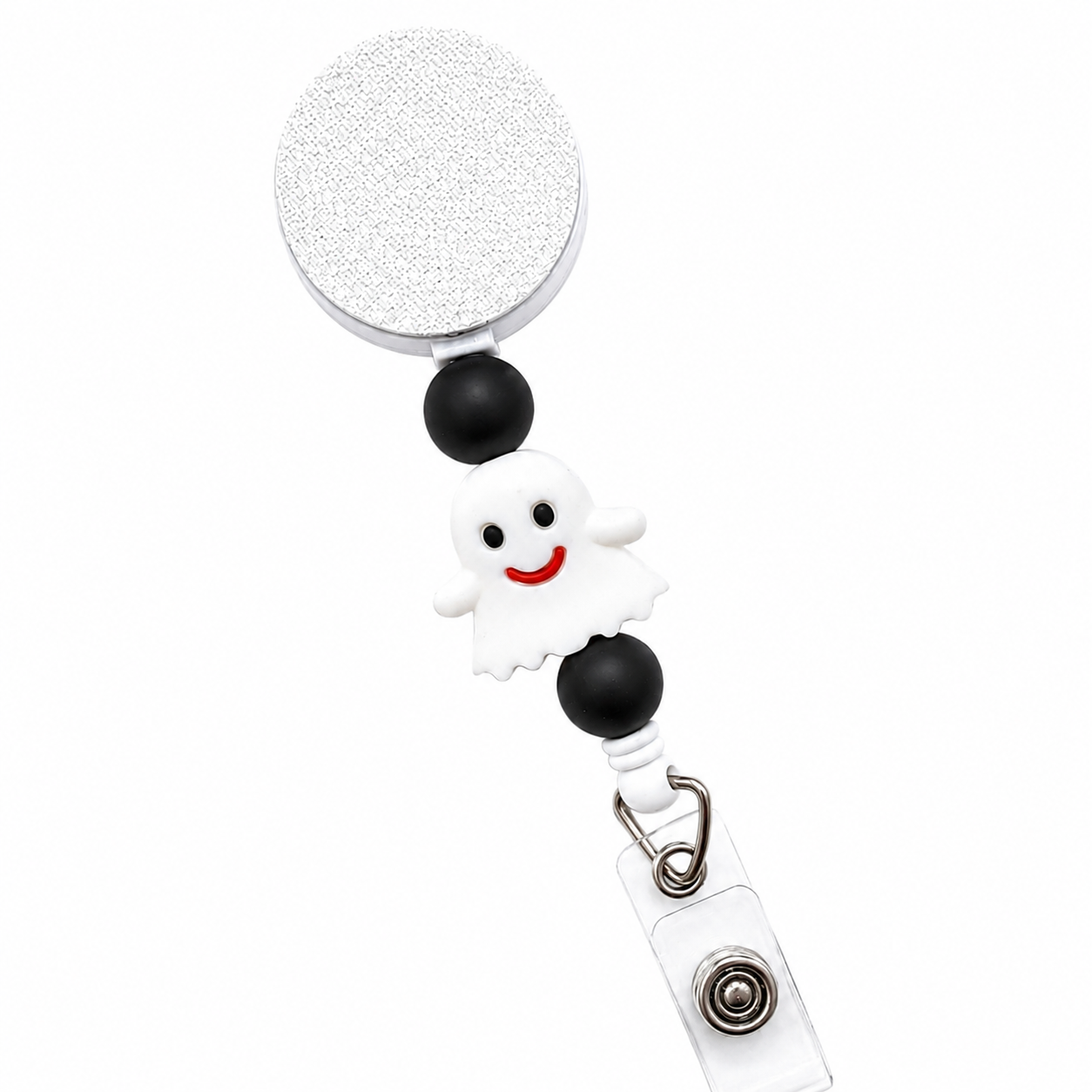 Ghost badge reel featuring a smiling white ghost with black decorative beads, retractable badge reel, and secure badge holder attachment for Halloween workwear.