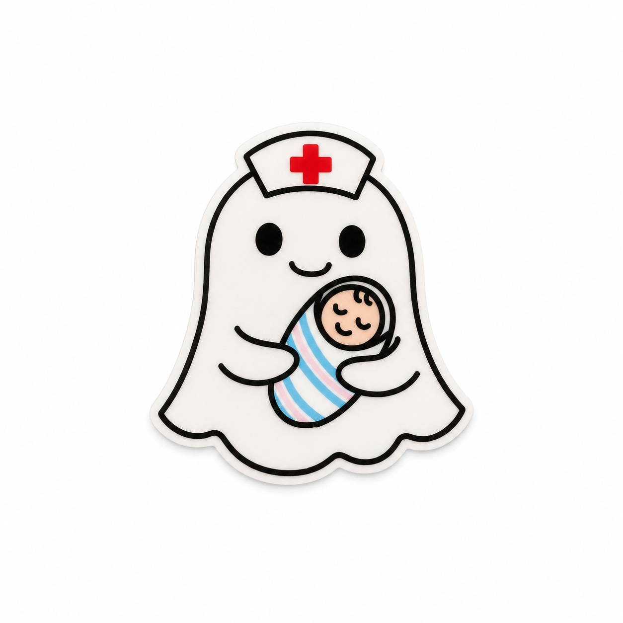 Ghost nurse holding baby plastic add-on with cute Halloween healthcare design compatible with interchangeable badge reel bases