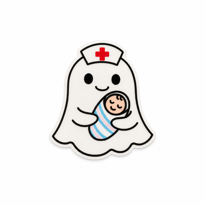 Ghost nurse holding baby plastic add-on with cute Halloween healthcare design compatible with interchangeable badge reel bases