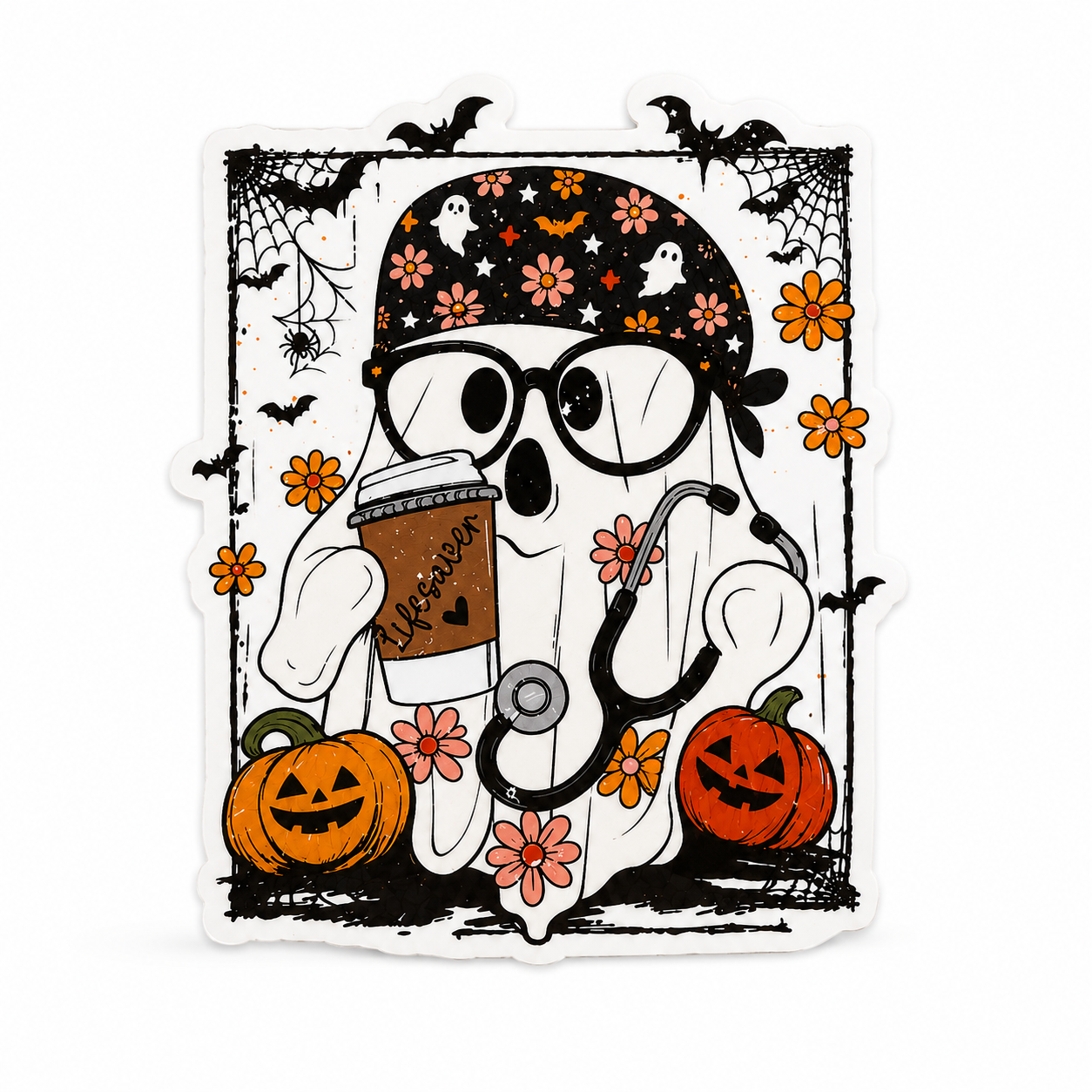 Ghost Nurse plastic add-on with cute ghost, stethoscope, pumpkins, bats, and lifesaver cup, compatible with interchangeable badge reel bases.