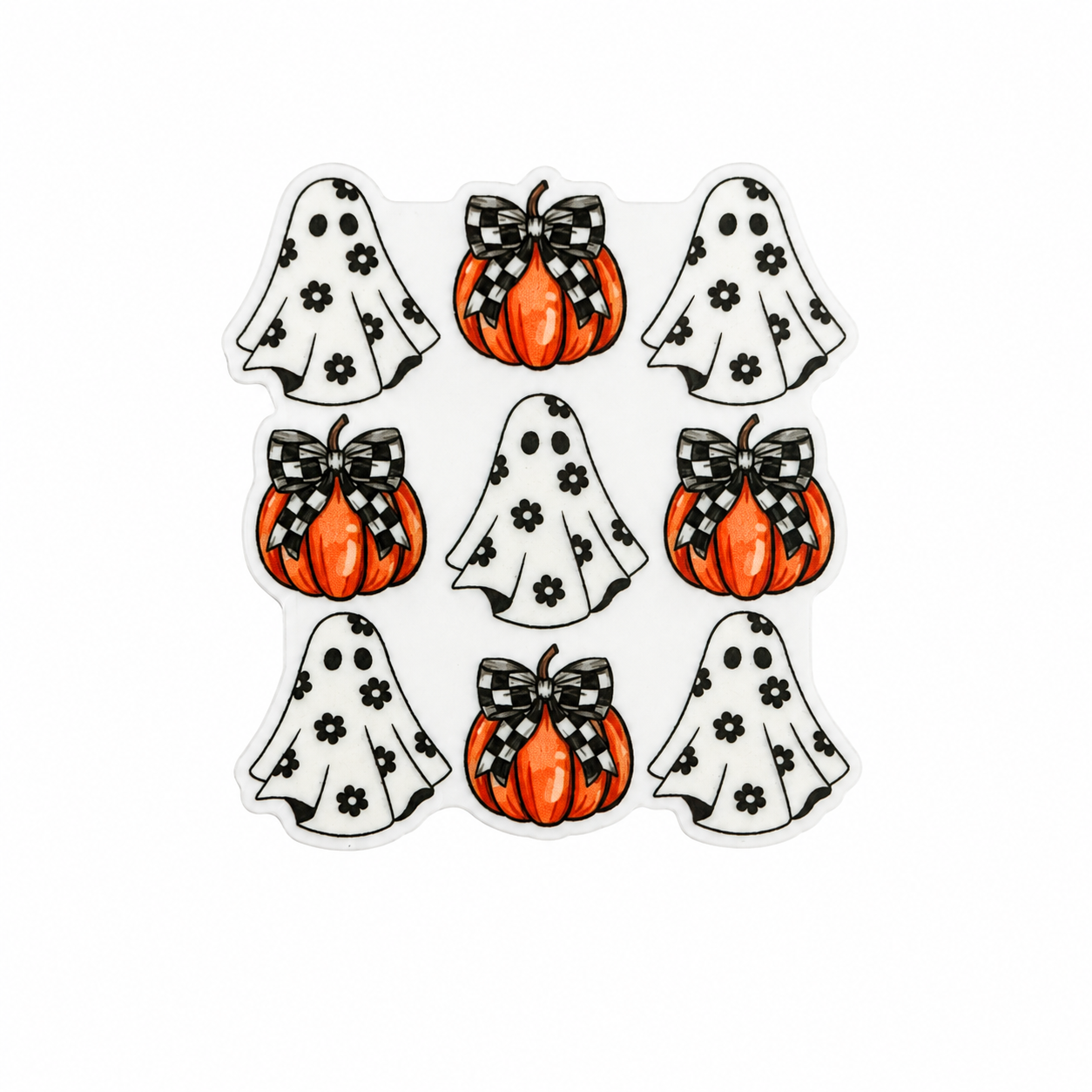 Plastic add-on featuring cute ghosts with floral details and pumpkins with black and white checkered bows, compatible with interchangeable badge reel bases and perfect for Halloween accessories.