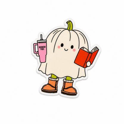 Cute ghost reader plastic add-on holding a book and coffee with a cozy fall Halloween aesthetic compatible with interchangeable badge reel bases