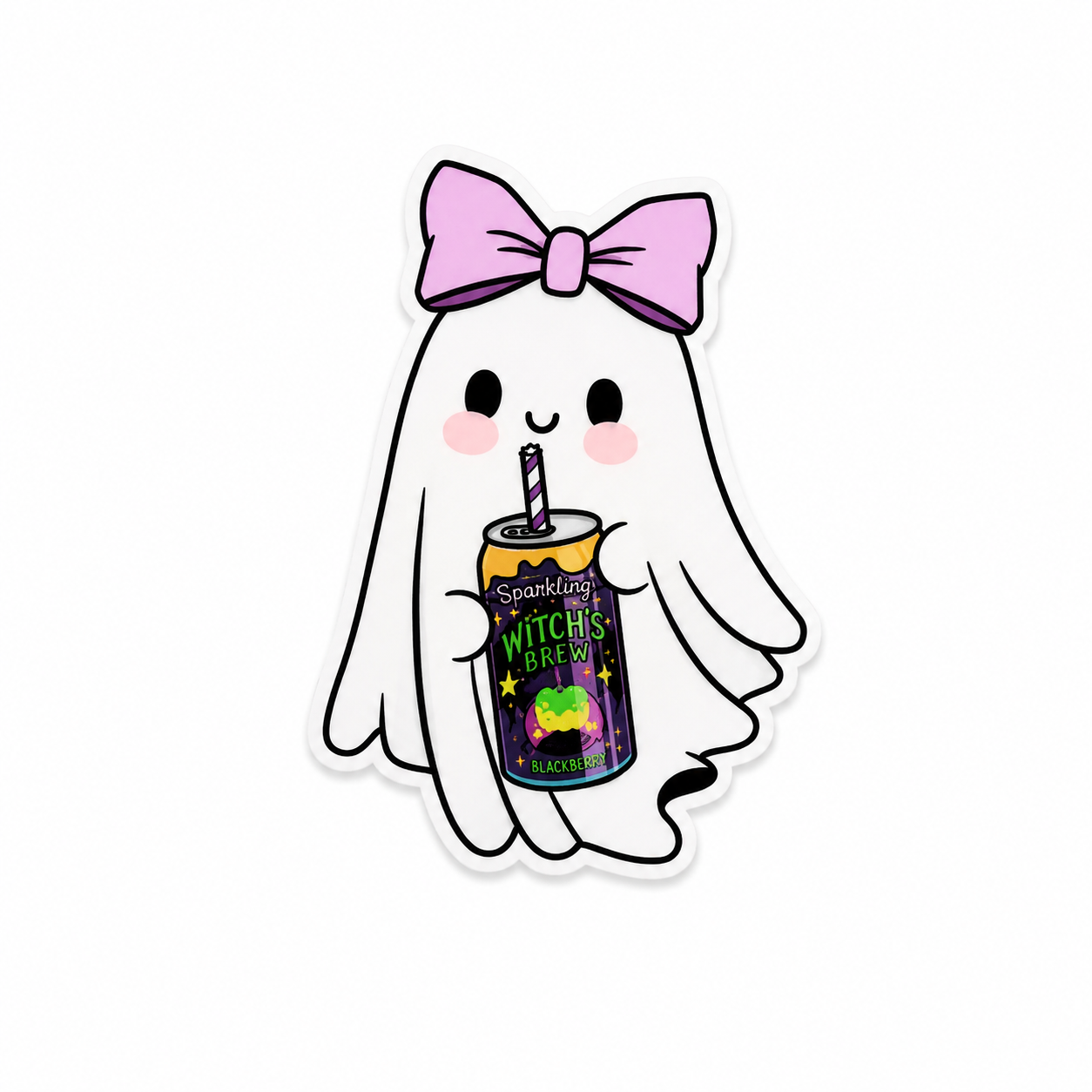 Cute ghost plastic add-on with pink bow and sparkling witch’s brew blackberry drink design compatible with interchangeable badge reel bases