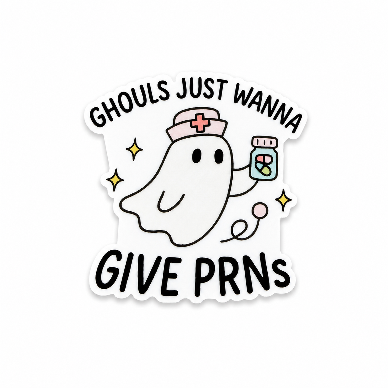 GHOULS JUST WANNA GIVE PRNS plastic add-on featuring a ghost nurse holding medication, compatible with interchangeable badge reel bases, funny Halloween nurse accessory.