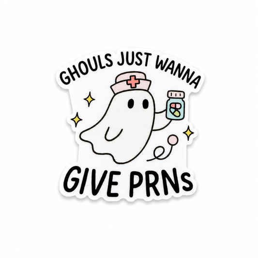 GHOULS JUST WANNA GIVE PRNS plastic add-on featuring a ghost nurse holding medication, compatible with interchangeable badge reel bases, funny Halloween nurse accessory.