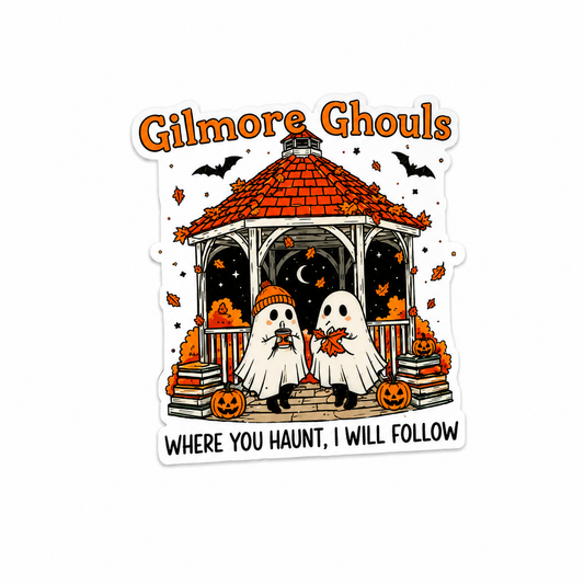 Gilmore Ghouls plastic add-on featuring cute ghosts, pumpkins, and cozy fall Halloween aesthetic compatible with interchangeable badge reel bases for nurses and healthcare workers.