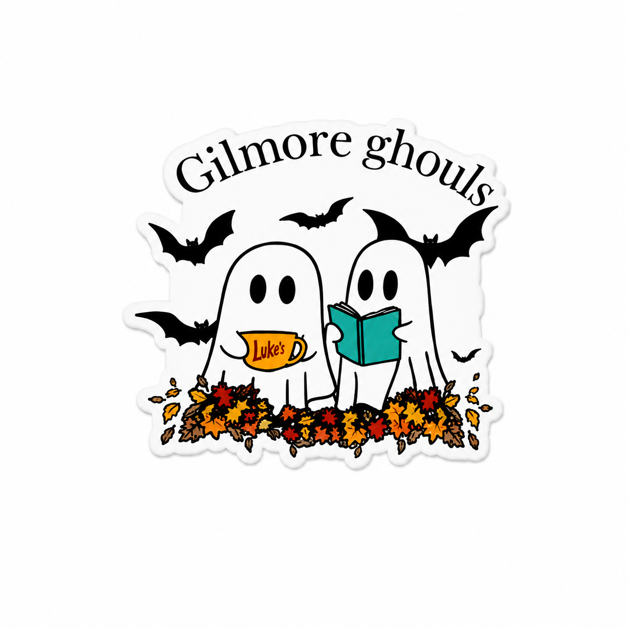 Gilmore ghouls plastic add-on with cute ghost, floral, bat, coffee, and book design for compatible interchangeable badge reel bases, cozy Halloween healthcare accessory