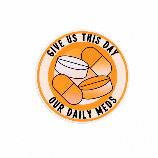 GIVE US THIS DAY OUR DAILY MEDS plastic add-on featuring capsules and medication tablets, compatible with interchangeable badge reel bases, funny pharmacy accessory