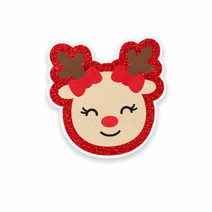 Glitter Christmas reindeer plastic add-on with red sparkle background compatible with interchangeable badge reel bases for nurses healthcare workers and hospital staff