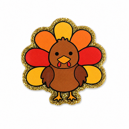 Glitter turkey plastic add-on featuring a cute cartoon turkey with colorful fall feathers, compatible with interchangeable badge reel bases and perfect for Thanksgiving accessories.