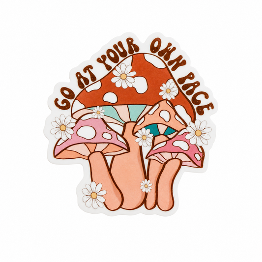 Go At Your Own Pace plastic add-on featuring pink and brown mushrooms with white daisies, compatible with interchangeable badge reel bases.