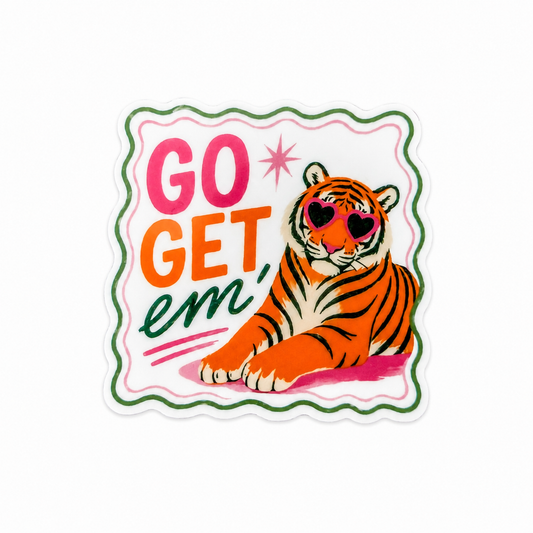 GO GET 'em plastic add-on featuring a tiger wearing heart-shaped sunglasses, compatible with interchangeable badge reel bases, motivational animal lover accessory