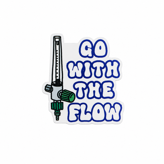 GO WITH THE FLOW plastic add-on featuring a respiratory therapy flowmeter design, compatible with interchangeable badge reel bases and perfect for respiratory therapists.
