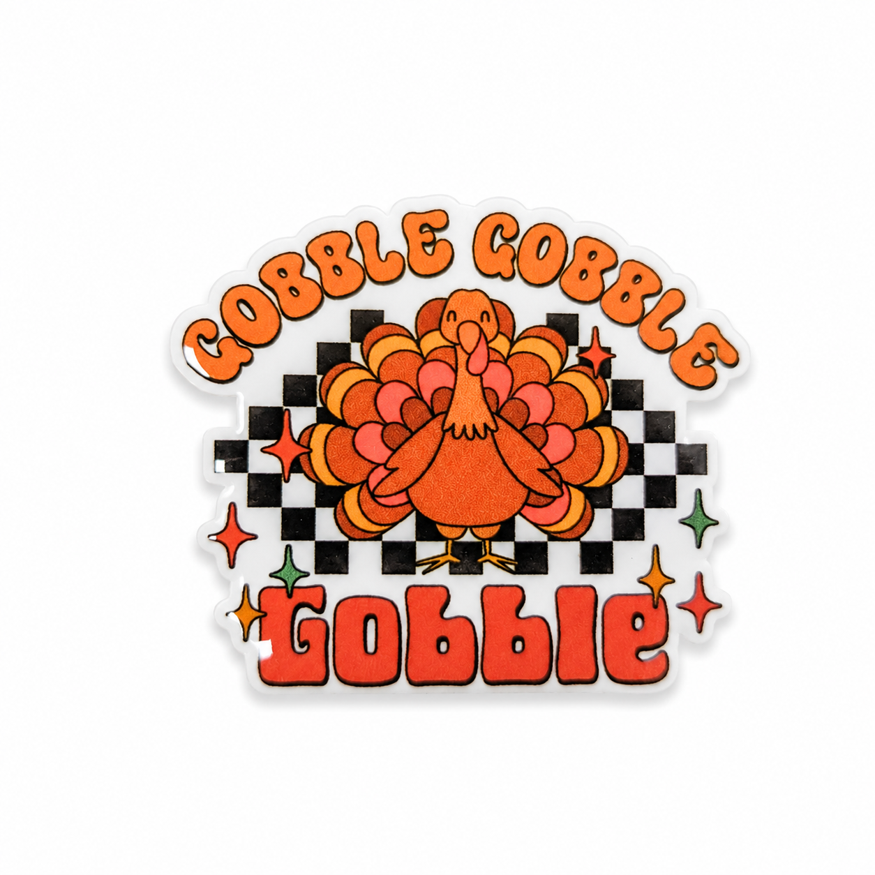 Gobble Gobble Gobble plastic add-on with Thanksgiving turkey design, compatible with interchangeable badge reel bases.