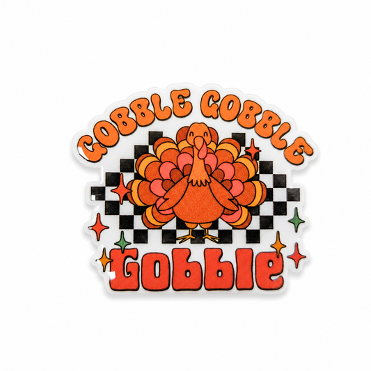 Gobble Gobble Gobble plastic add-on with Thanksgiving turkey design, compatible with interchangeable badge reel bases.