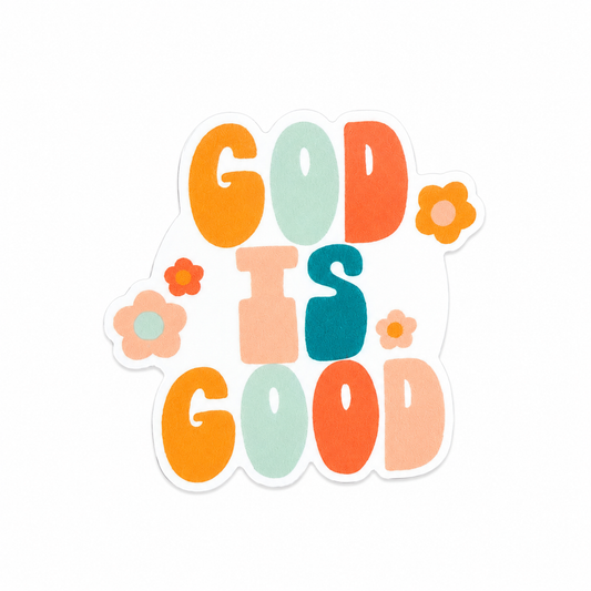 GOD IS GOOD plastic add-on with pastel lettering and flower accents, compatible with interchangeable badge reel bases.