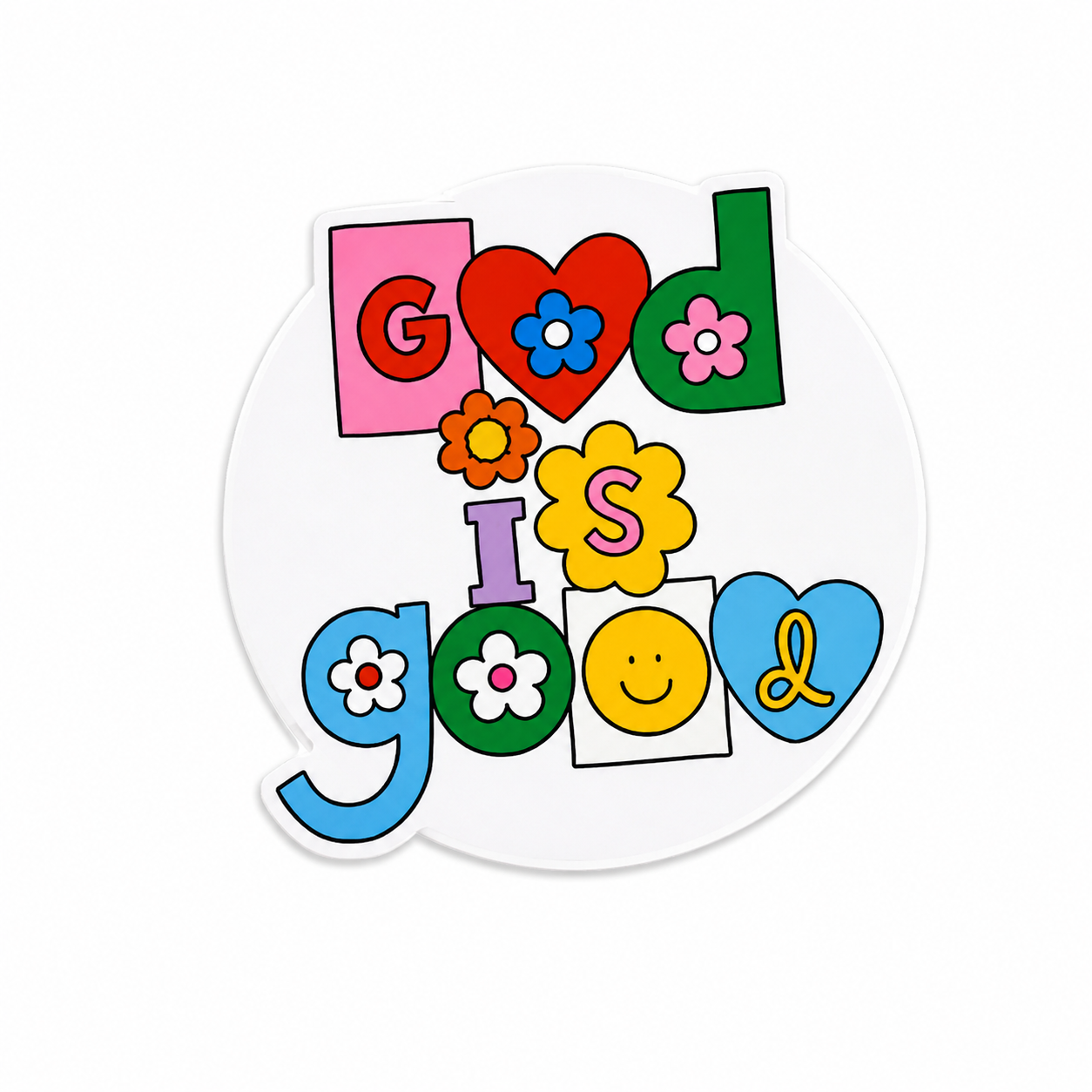 Colorful God Is Good smile plastic add-on with retro flowers and smiley face aesthetic compatible with interchangeable badge reel bases for nurses and healthcare workers.