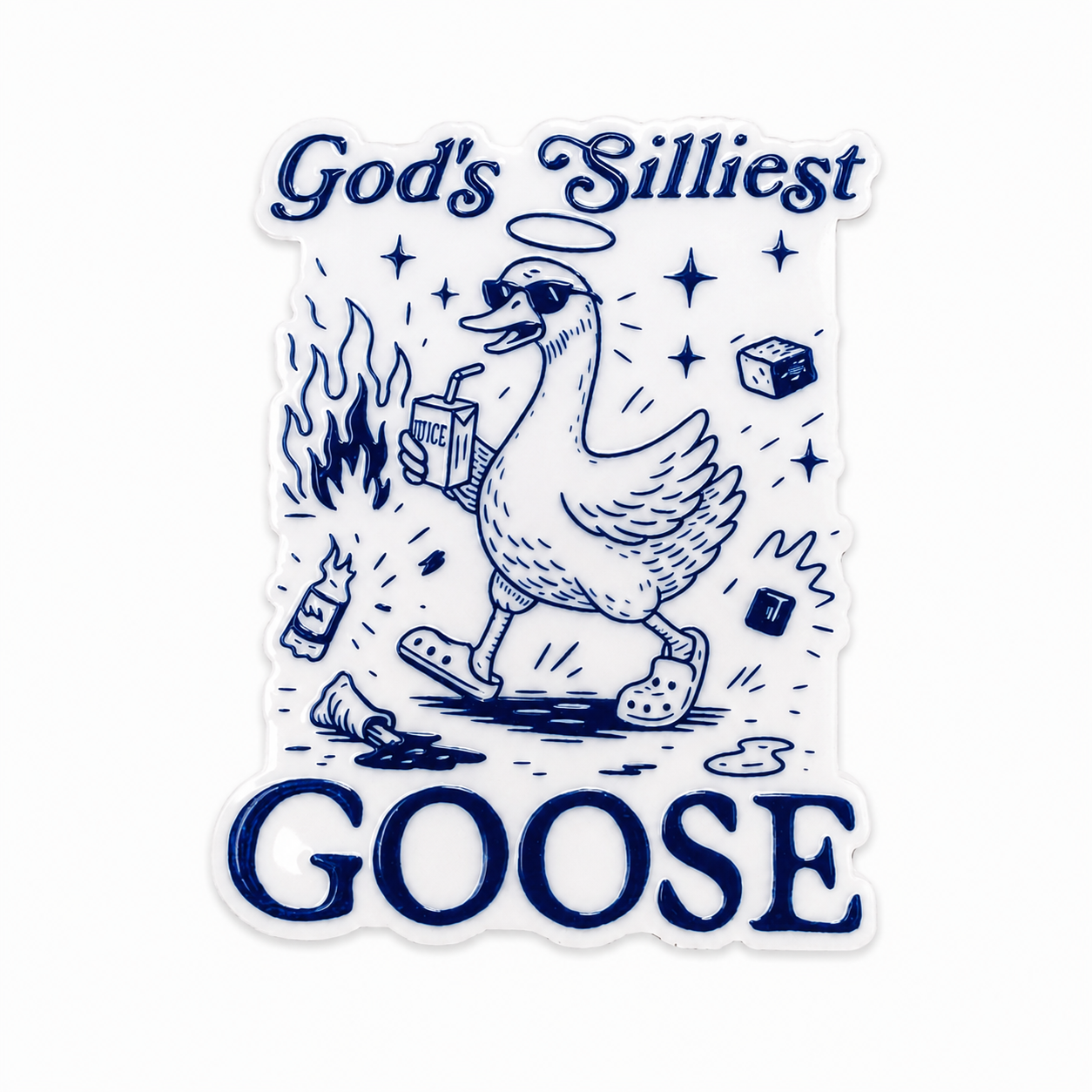 God's Silliest Goose plastic add-on featuring a goofy goose wearing sunglasses and carrying a juice box, compatible with interchangeable badge reel bases, funny goose lover accessory